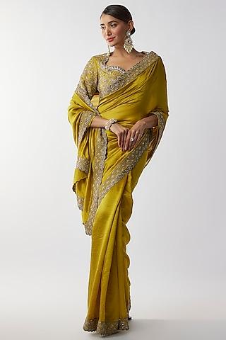 mustard silk zari embroidered saree set