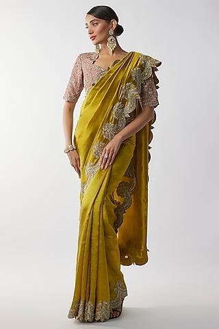 mustard silk zari embroidered saree set