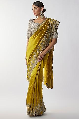 mustard silk zari embroidered saree set