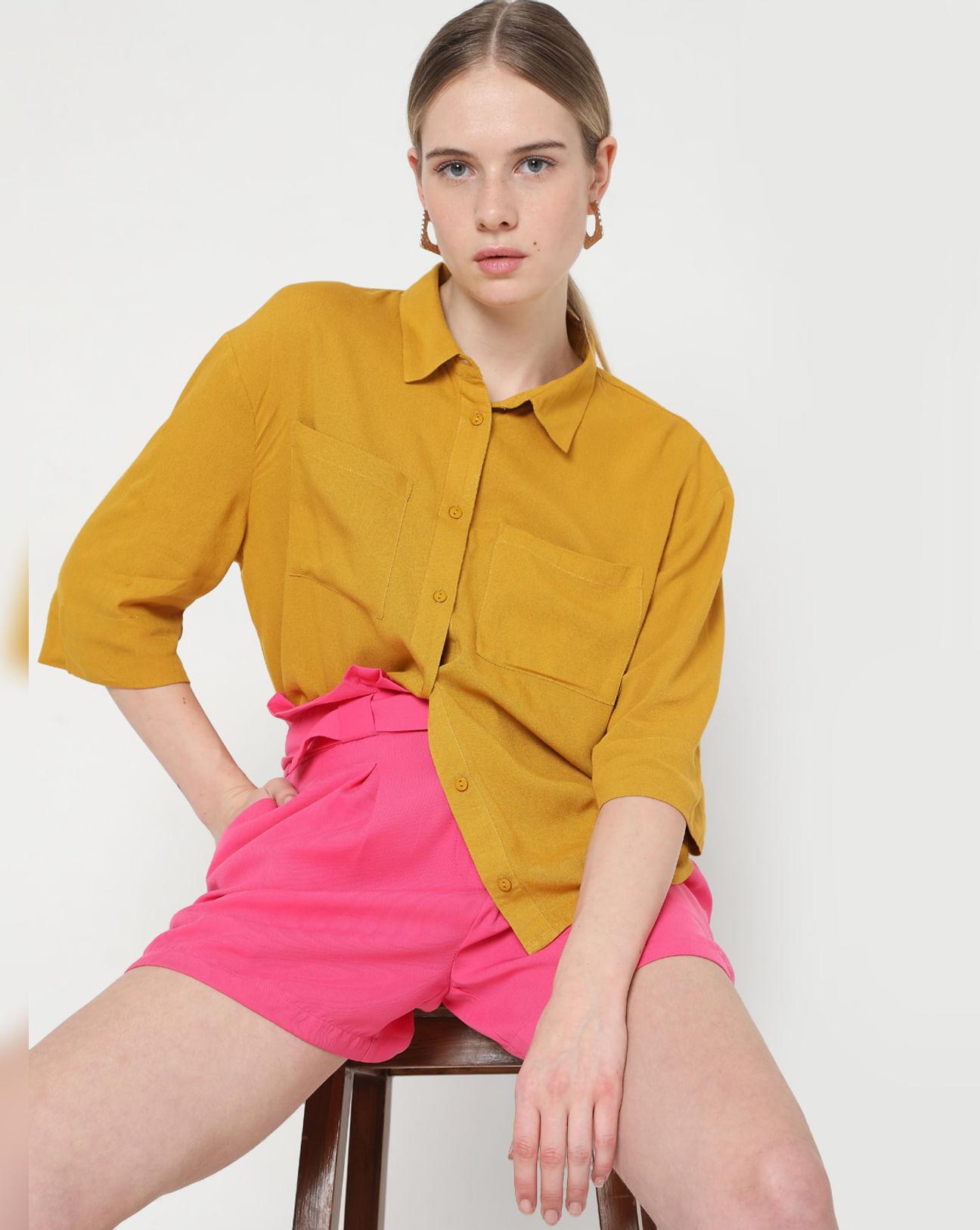 mustard solid cropped shirt