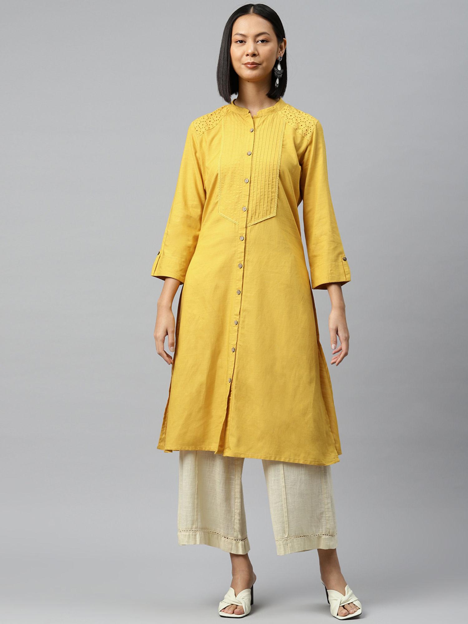 mustard solid pintuck shirt style kurta