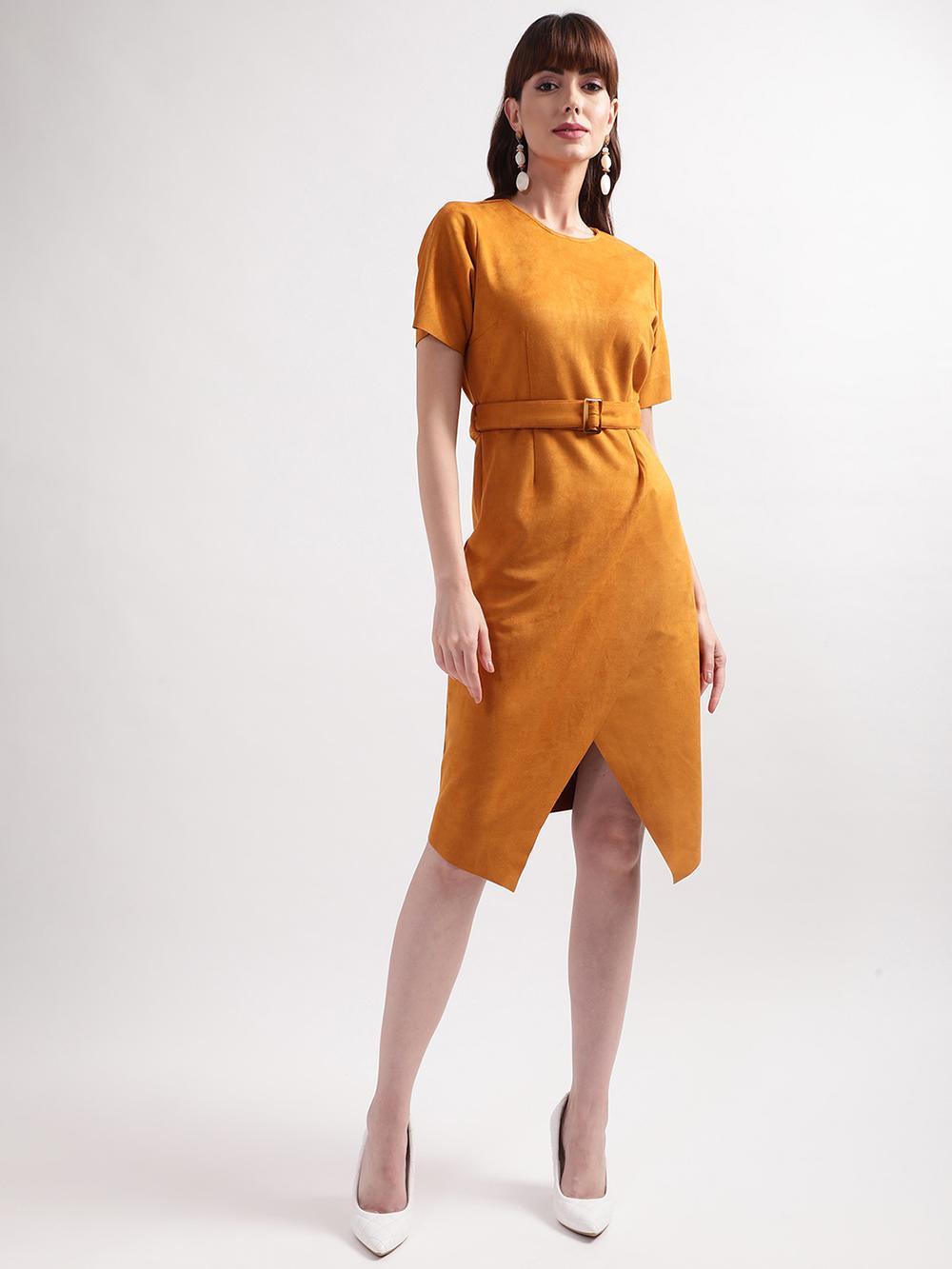 mustard solid round neck dress