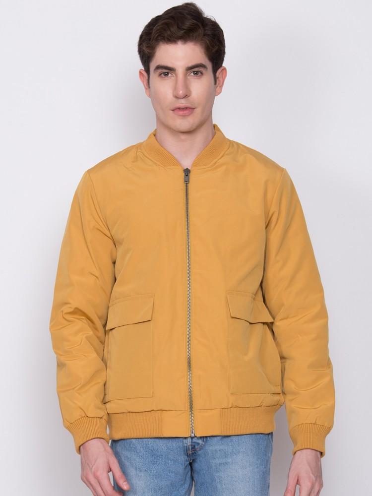 mustard solid round neck jacket