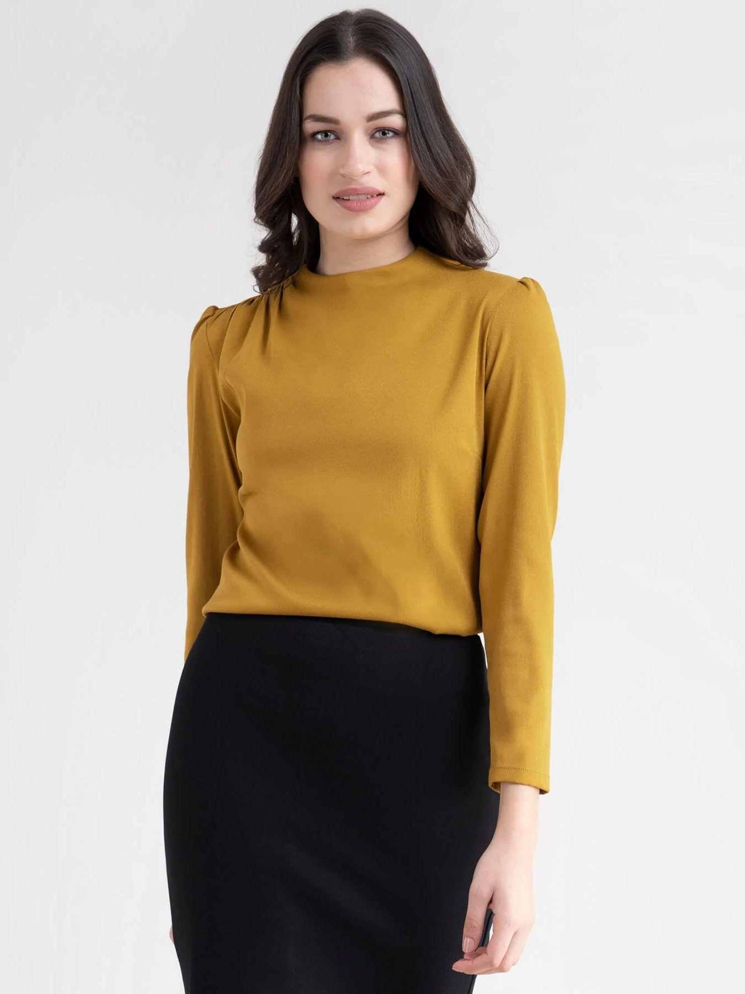 mustard solid round neck top