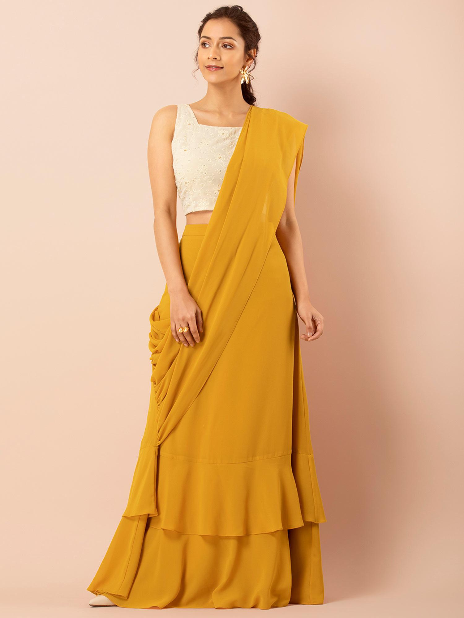 mustard solid ruffled sari skirt