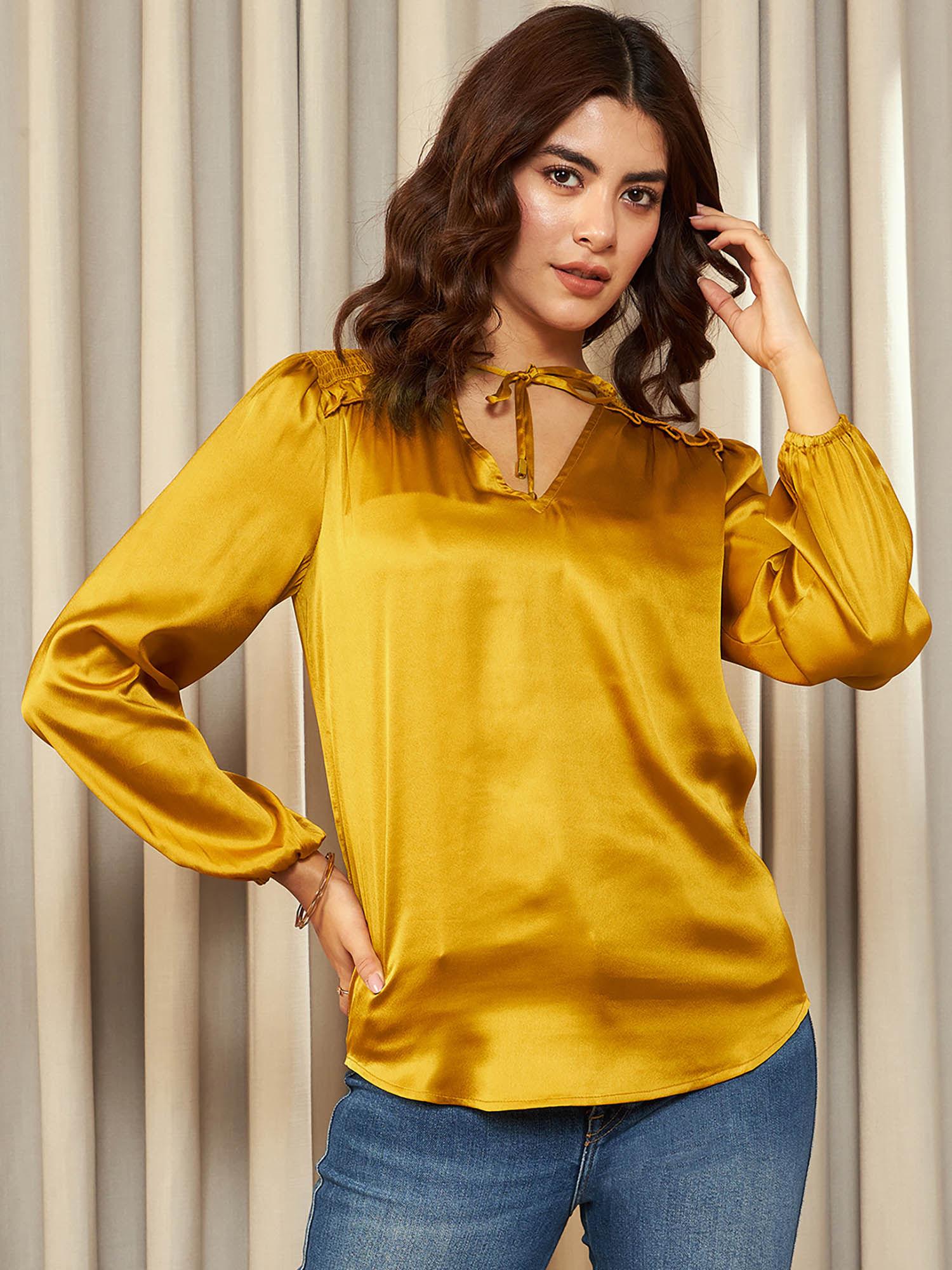 mustard solid satin v-neck top