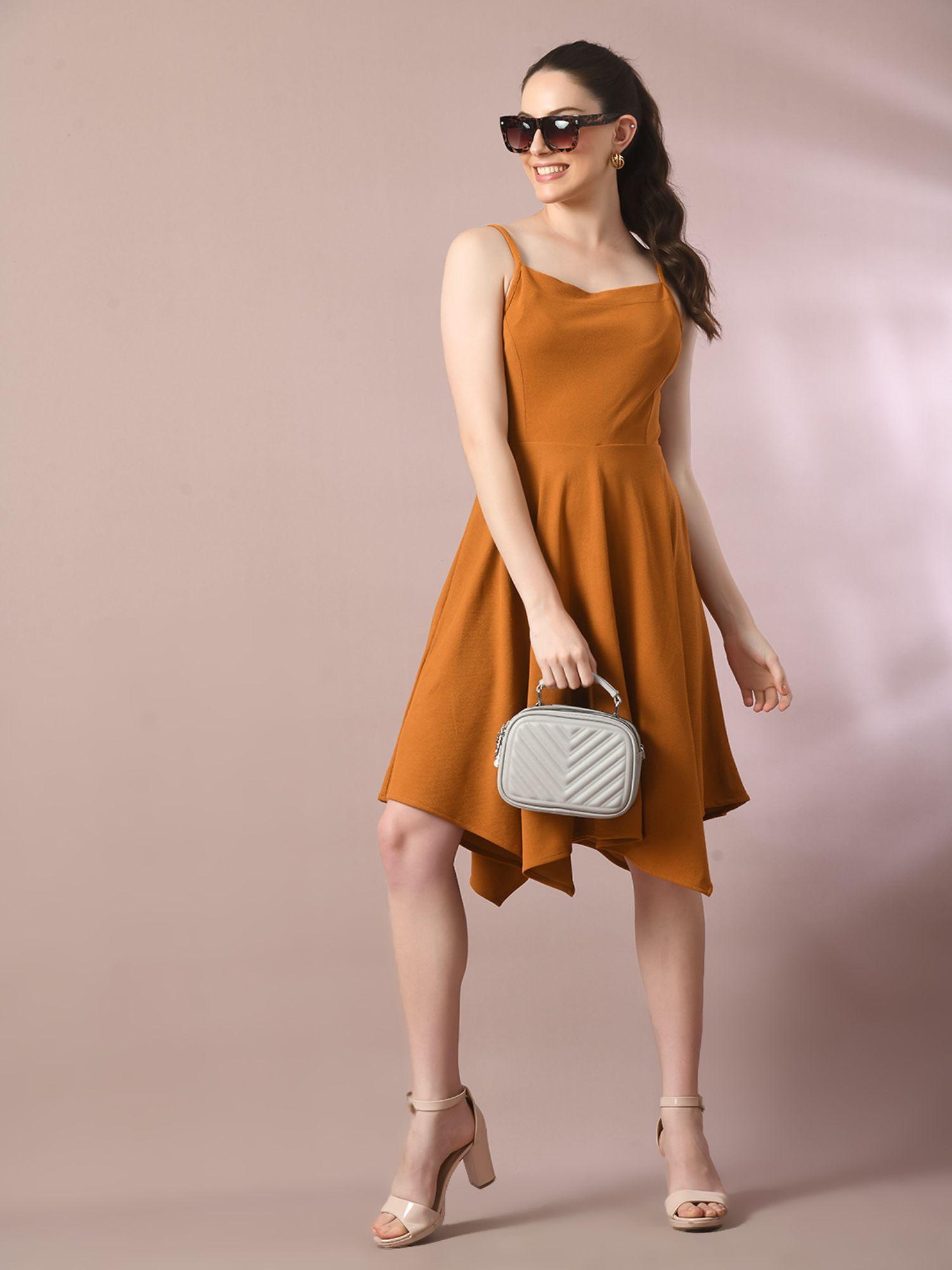 mustard solid shoulder straps fit and flare party dress