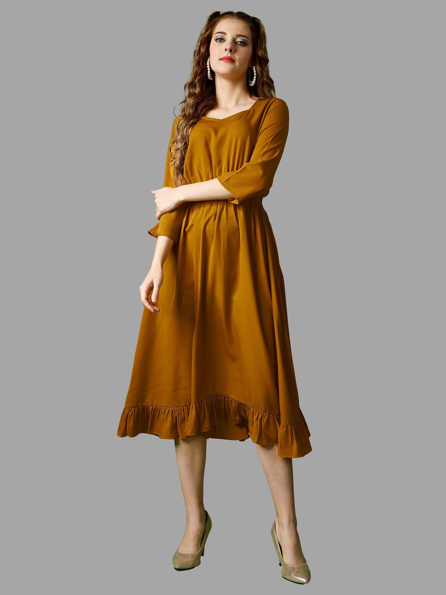 mustard solid three fourth sleeves midi dress for women