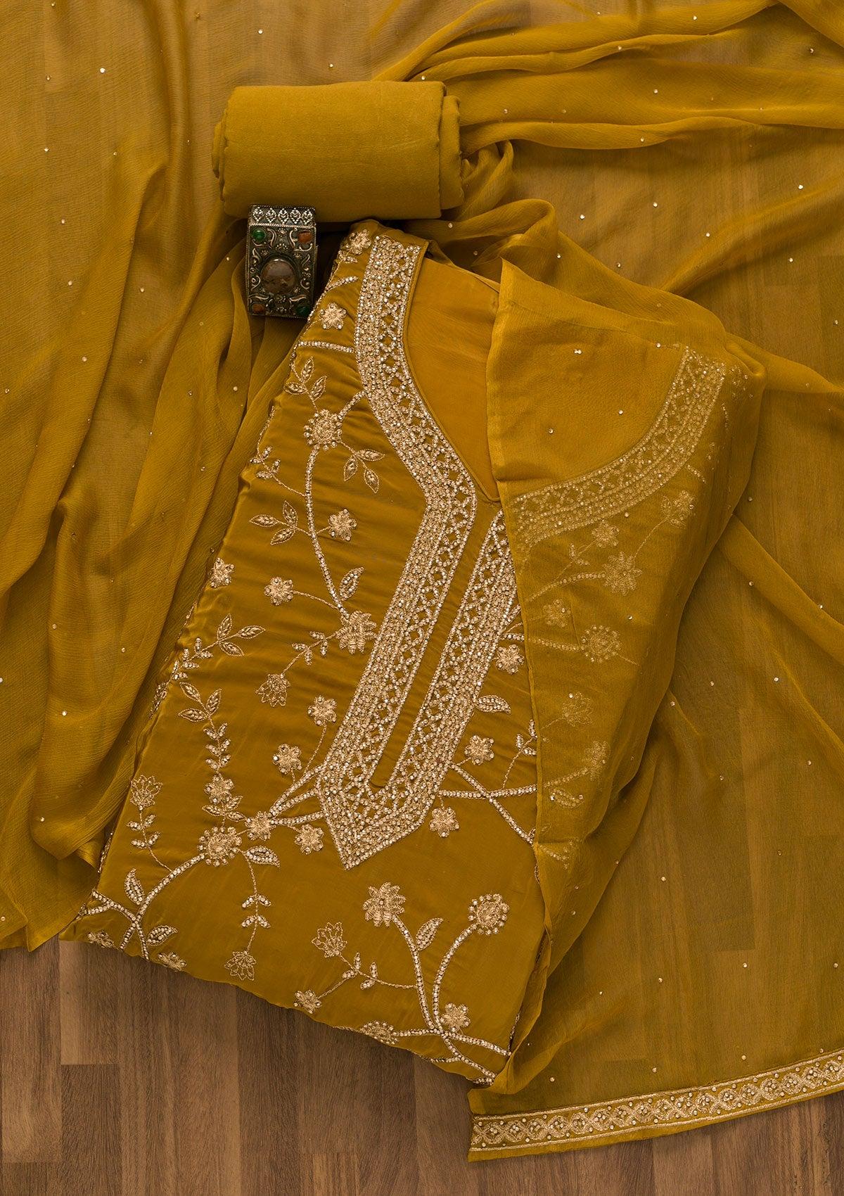mustard stonework semi crepe unstitched salwar suit