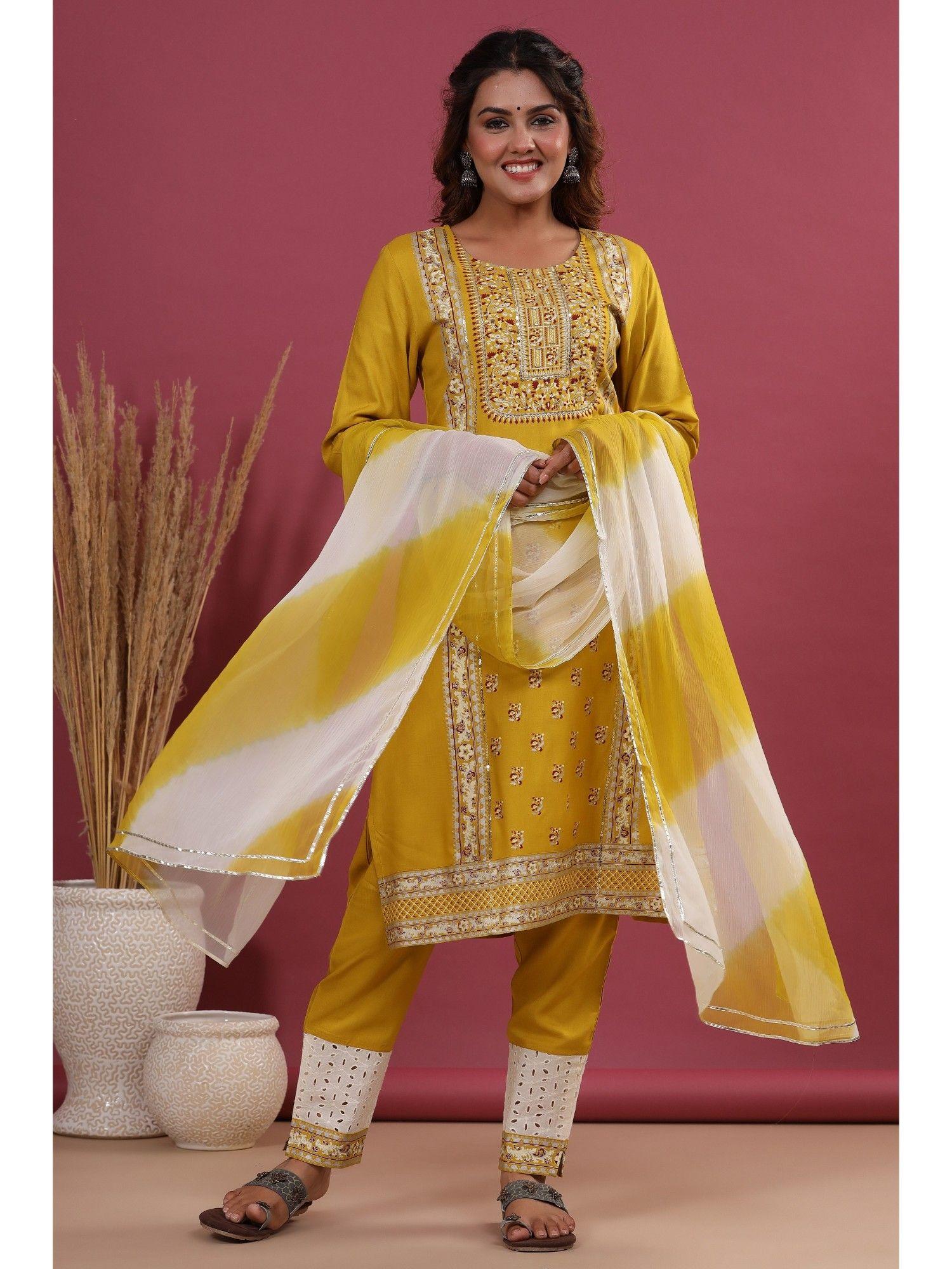 mustard straight embellished kurta with pant & dupatta (set of 3)