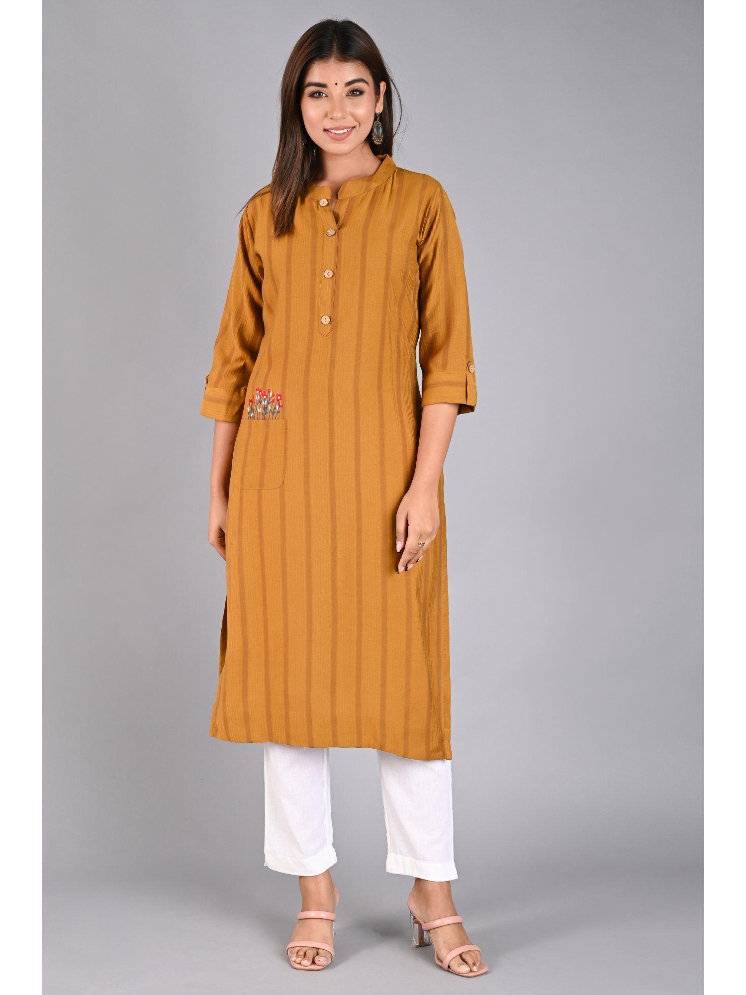 mustard straight stripes kurta with embroidered pocket