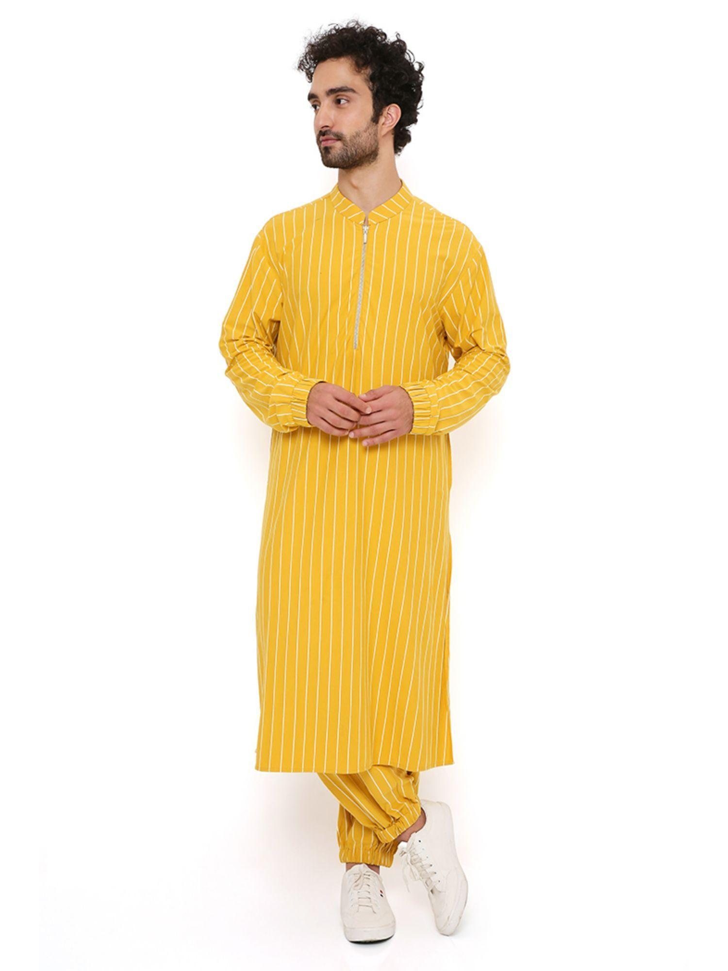 mustard stripe lycra bomber kurta with jogger pant (set of 2)