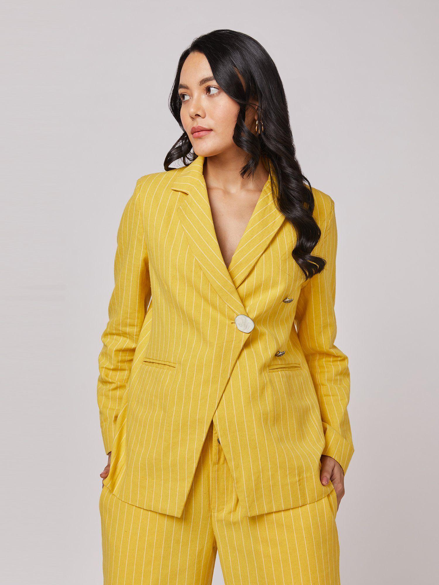 mustard stripe overlap blazer
