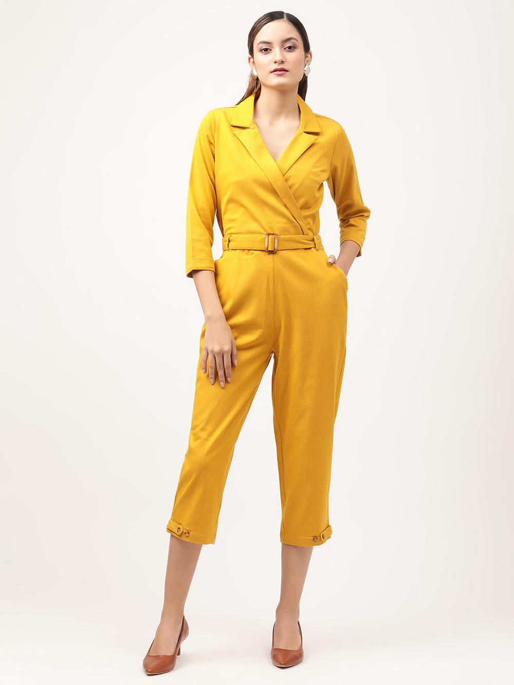 mustard striped notched lapel jumpsuit