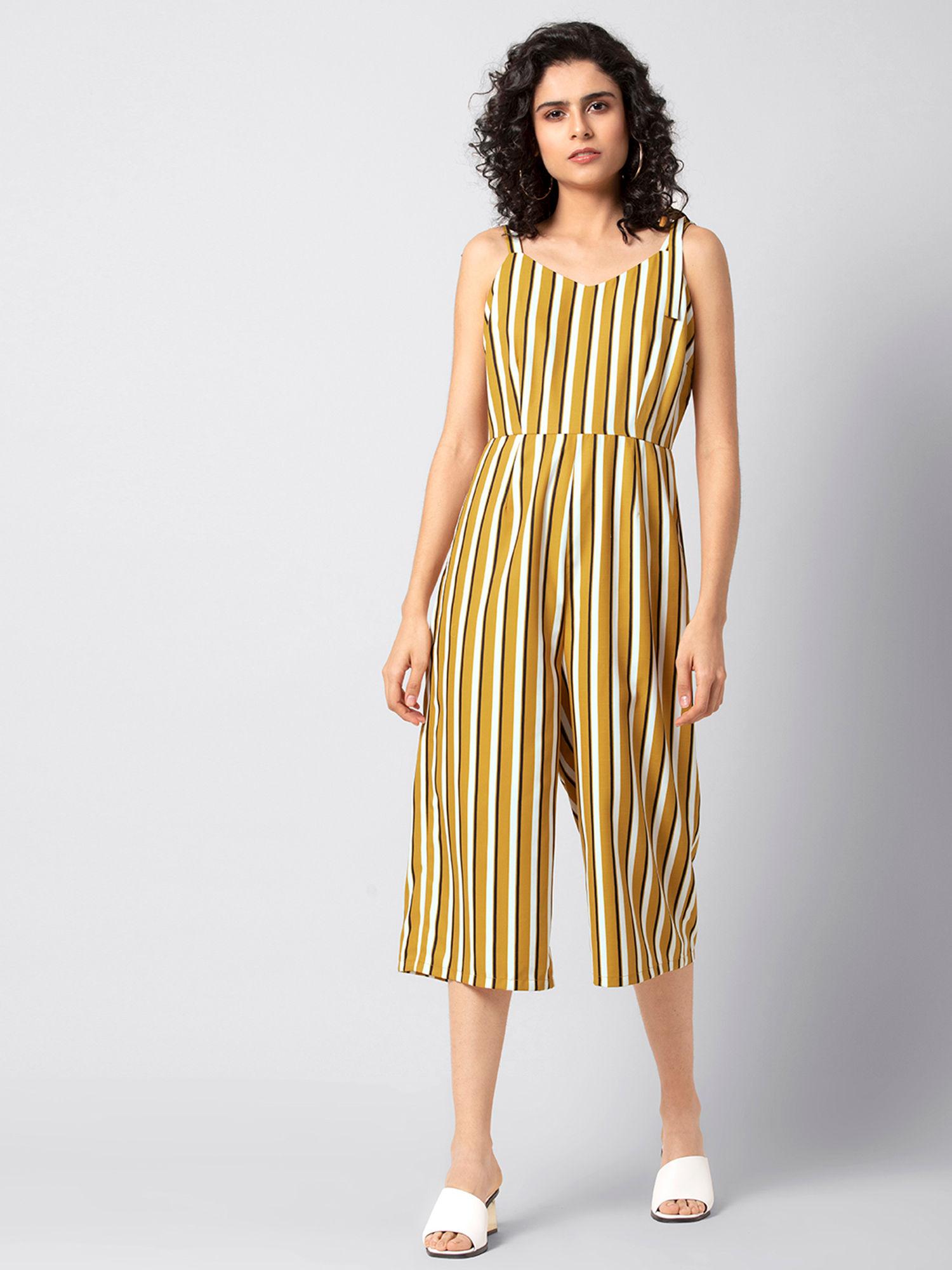 mustard striped tie shoulder jumpsuit