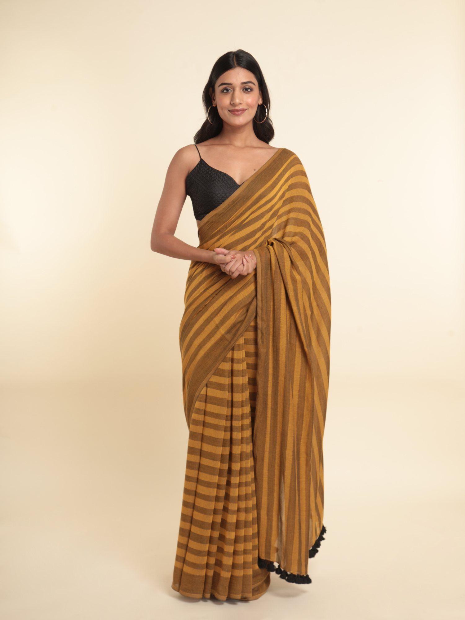 mustard stripes cotton blend saree