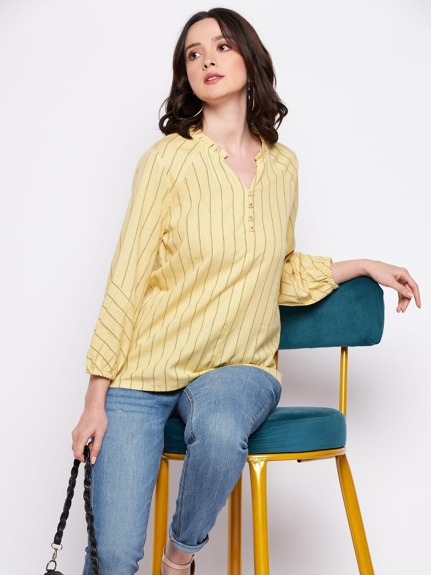 mustard stripes ruffled neck tops