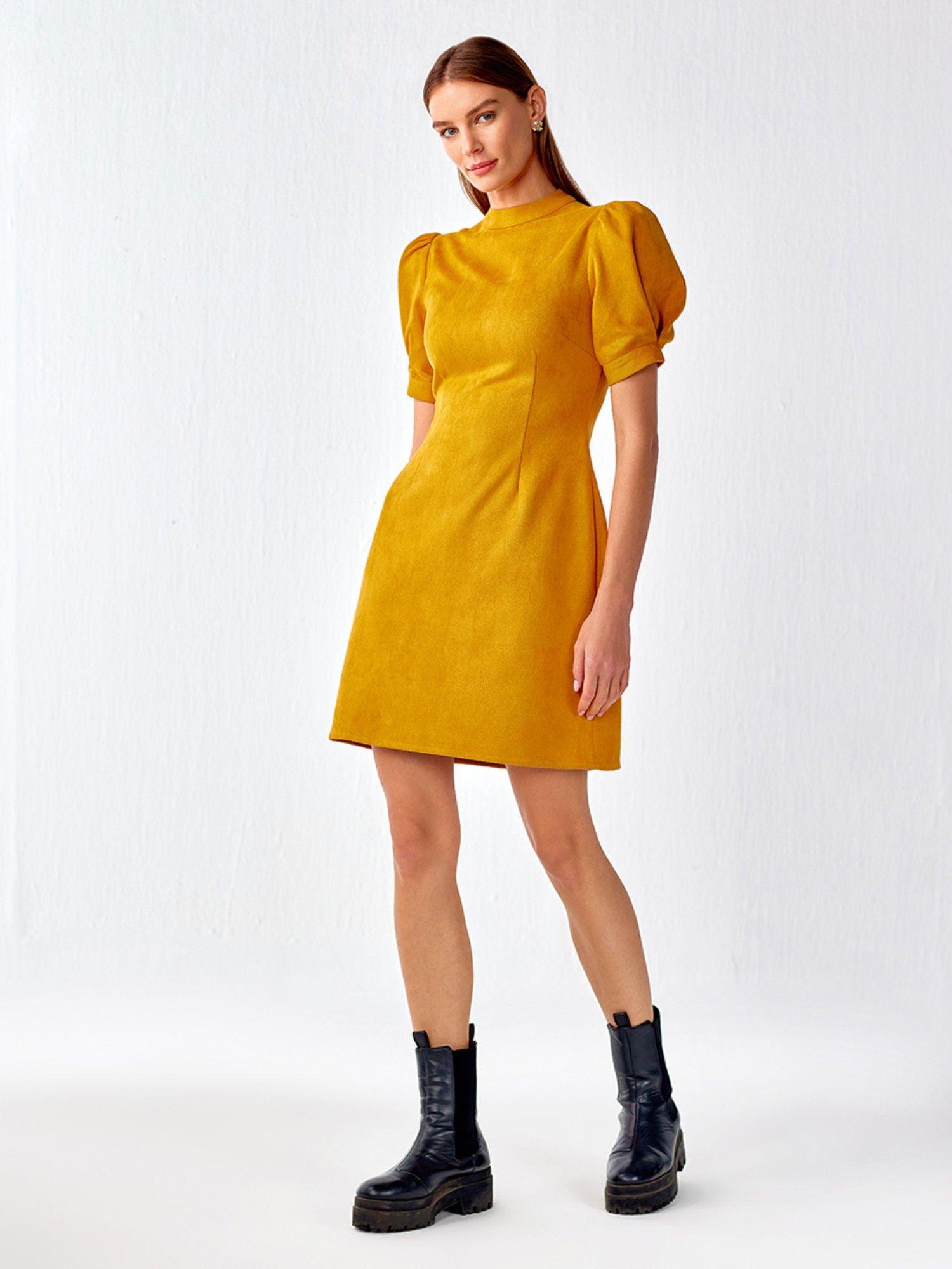 mustard suede shift dress