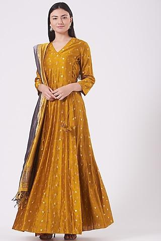 mustard summer silk angrakha kurta set