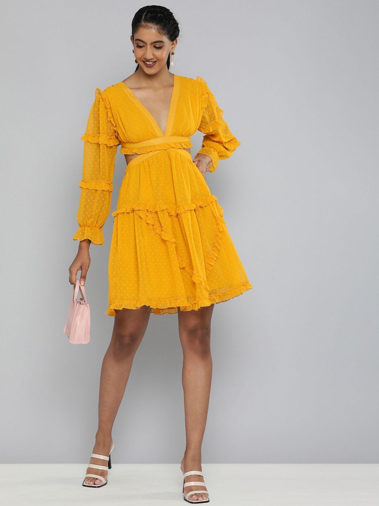 mustard swiss dot self design dress