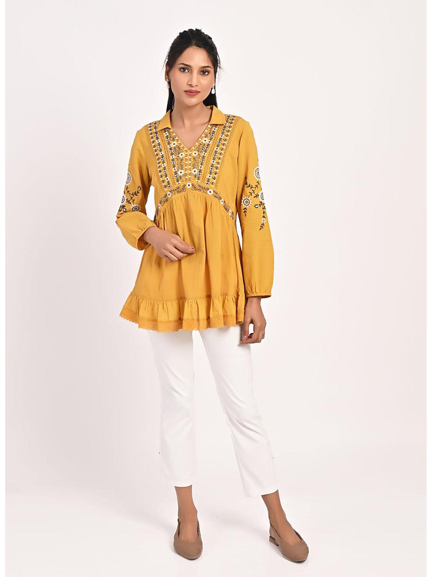 mustard thigh-length boho tunic with collar & full sleeves