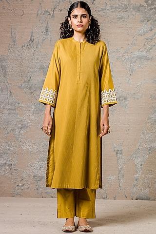 mustard thread embroidered kurta set