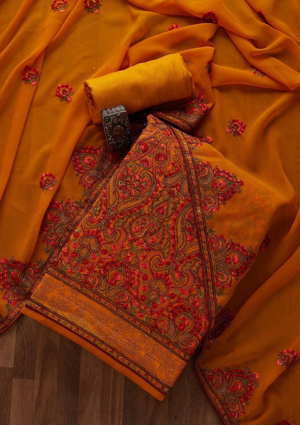 mustard threadwork georgette semi-stitched salwar suit