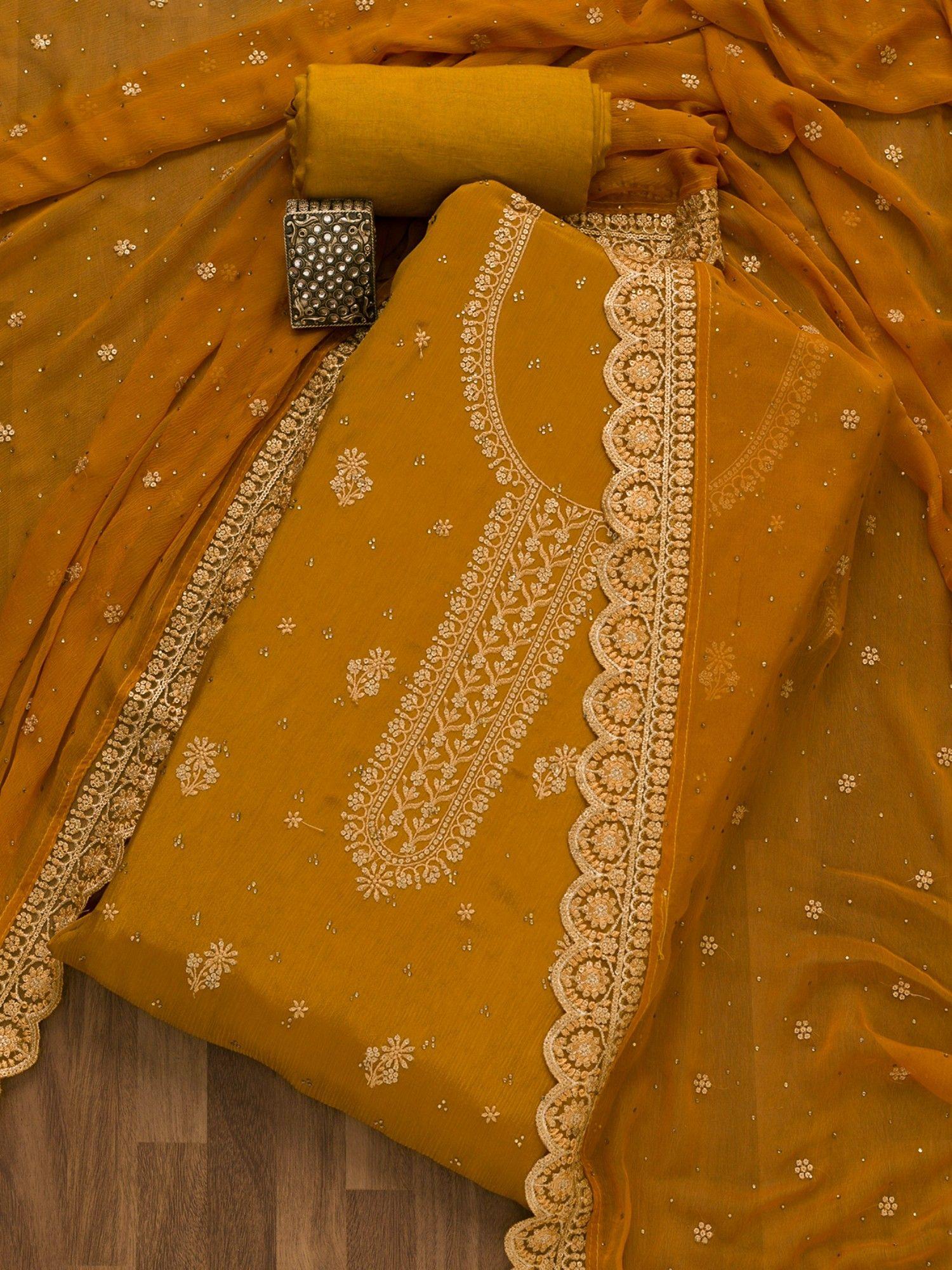 mustard threadwork semi crepe unstitched salwar suit (set of 3)