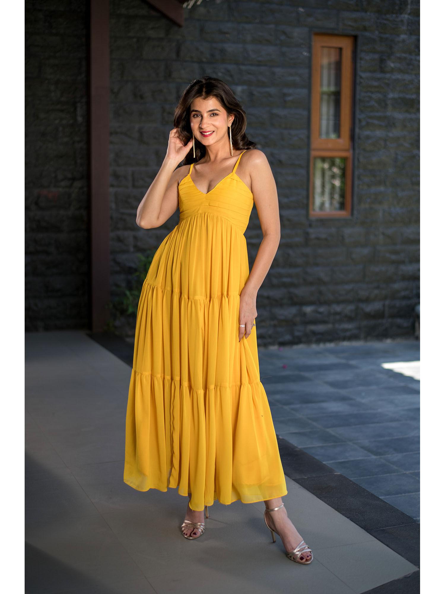 mustard tie up georgette maxi dress