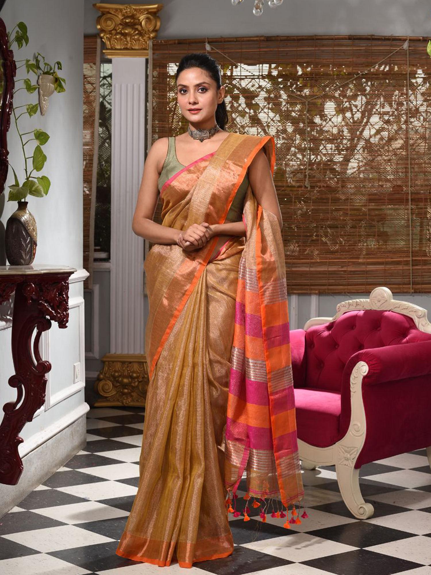 mustard tissue handwoven saree with unstitched blouse piece