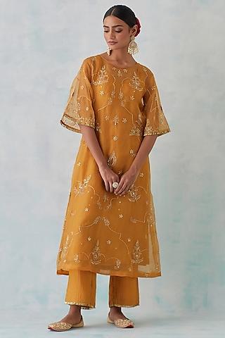 mustard tissue organza embroidered kurta set