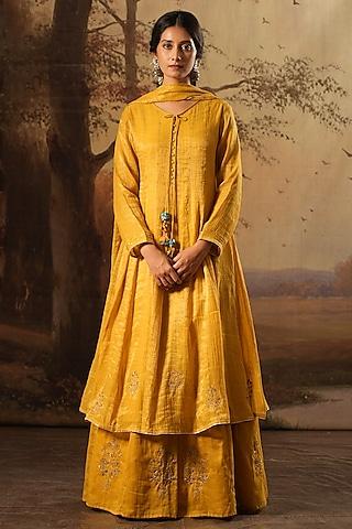 mustard tissue silk embroidered anarkali set