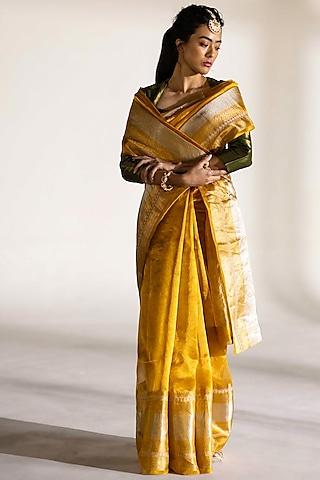 mustard tissue silk woven saree set