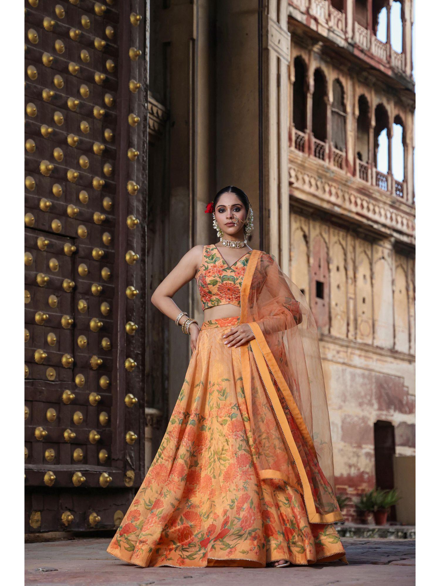 mustard tissue zari floral print lehenga choli dupatta (set of 3)