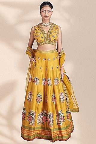 mustard tussar printed lehenga set