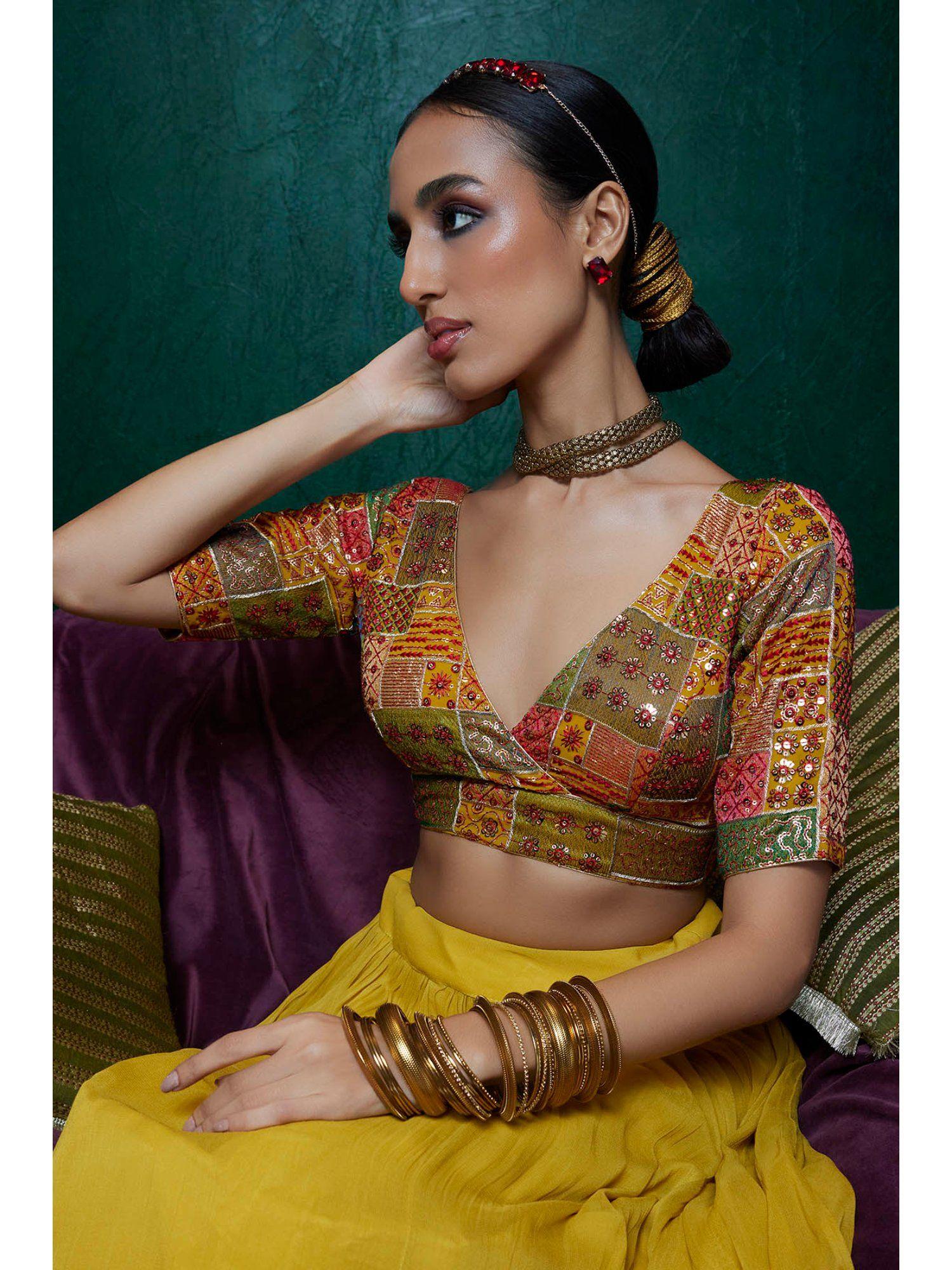 mustard tusshar silk embellished stitched blouse with thread work