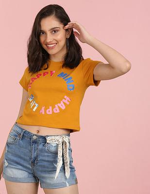 mustard typographic print cropped t-shirt