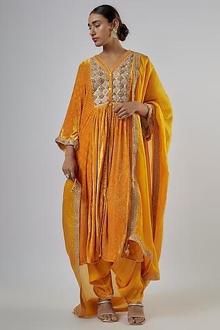 mustard velvet bandhani kurta set