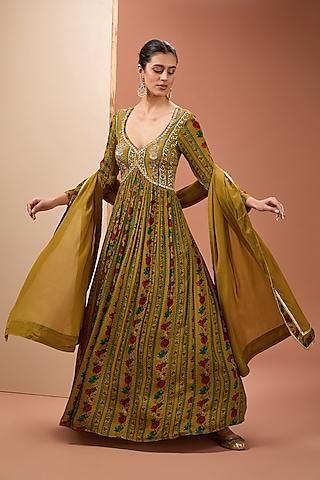 mustard viscose chinon digital printed & sitara embroidered anarkali set