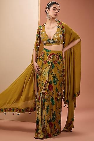 mustard viscose chinon digital printed cape set