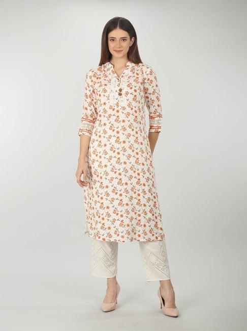 mustard white rayon floral print kurta