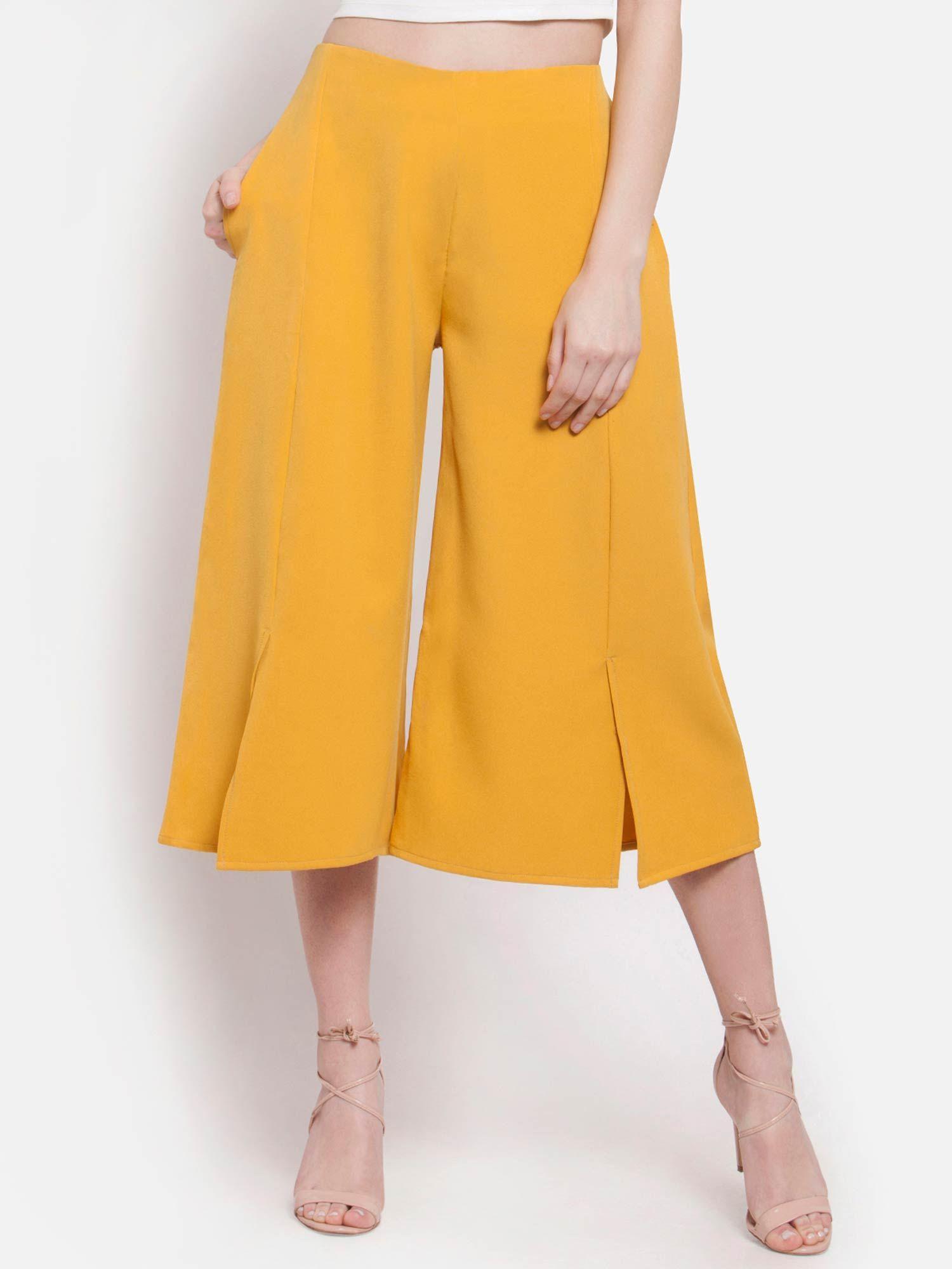 mustard wide leg front slit short pant