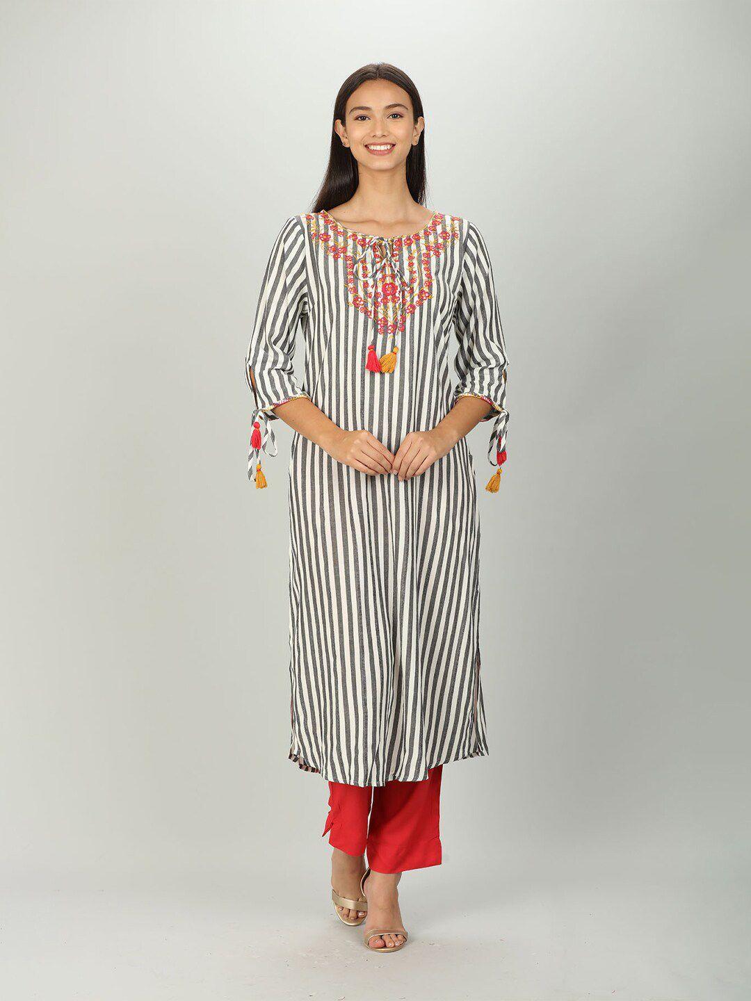 mustard women black & white stripe printed keyhole neck kurta