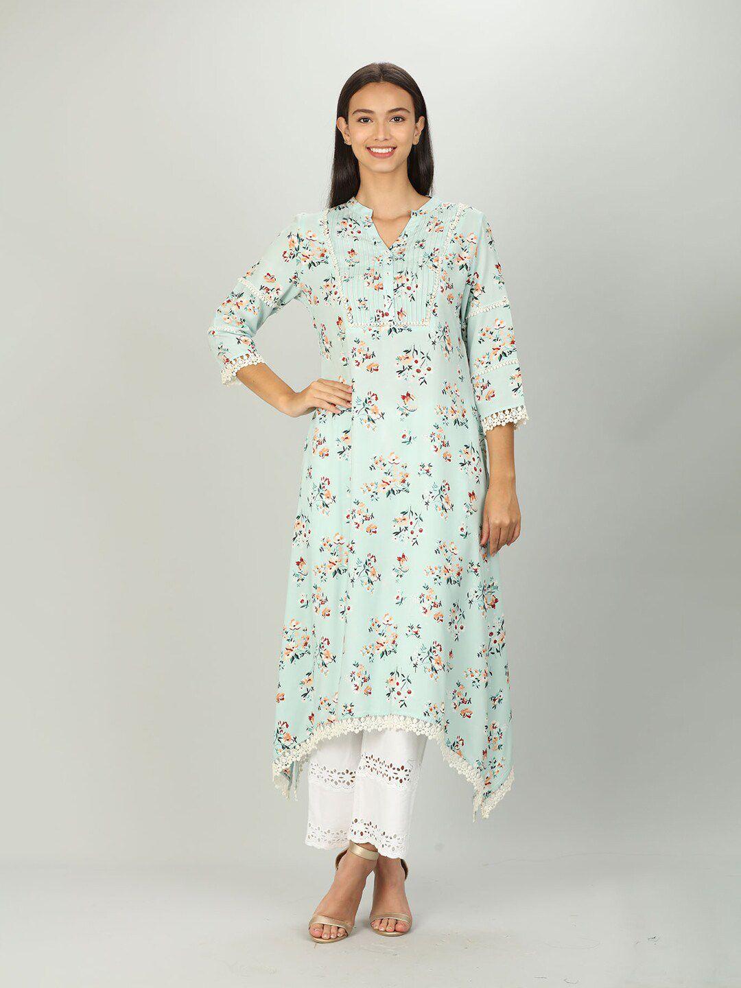 mustard women blue & orange floral printed a-line kurta