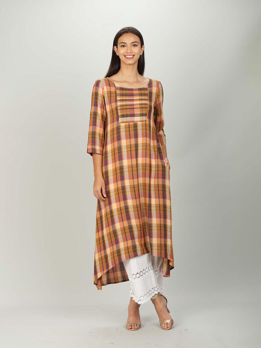 mustard women brown checked kurta