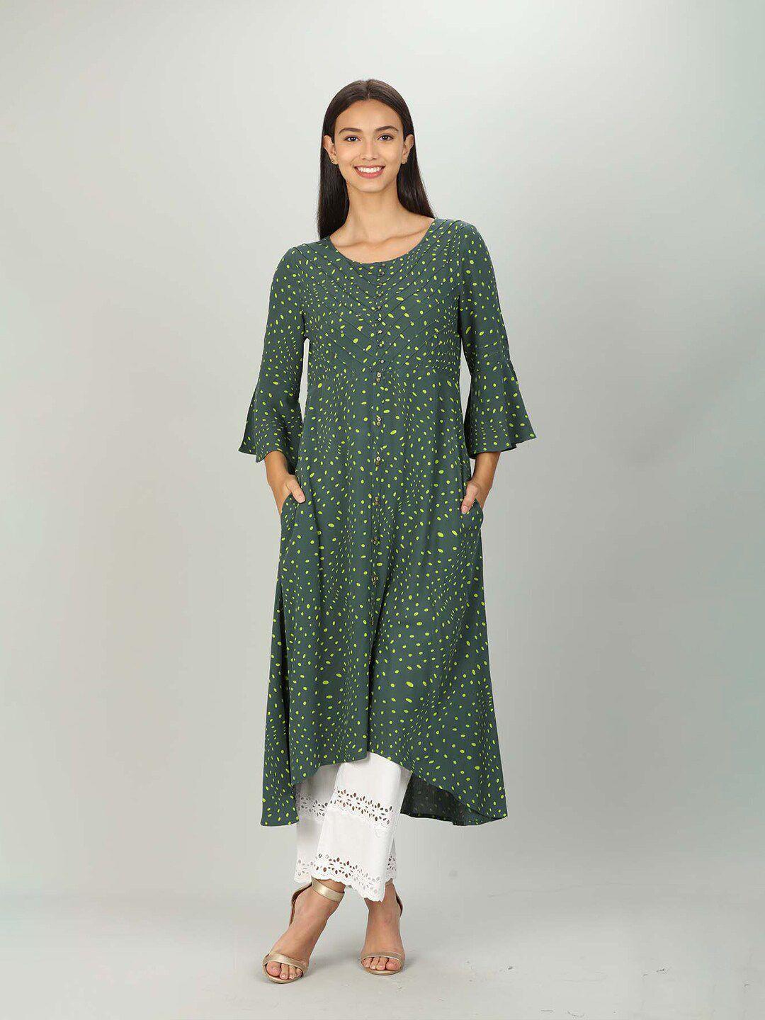 mustard women green geometric printed bell sleeves a-line kurta