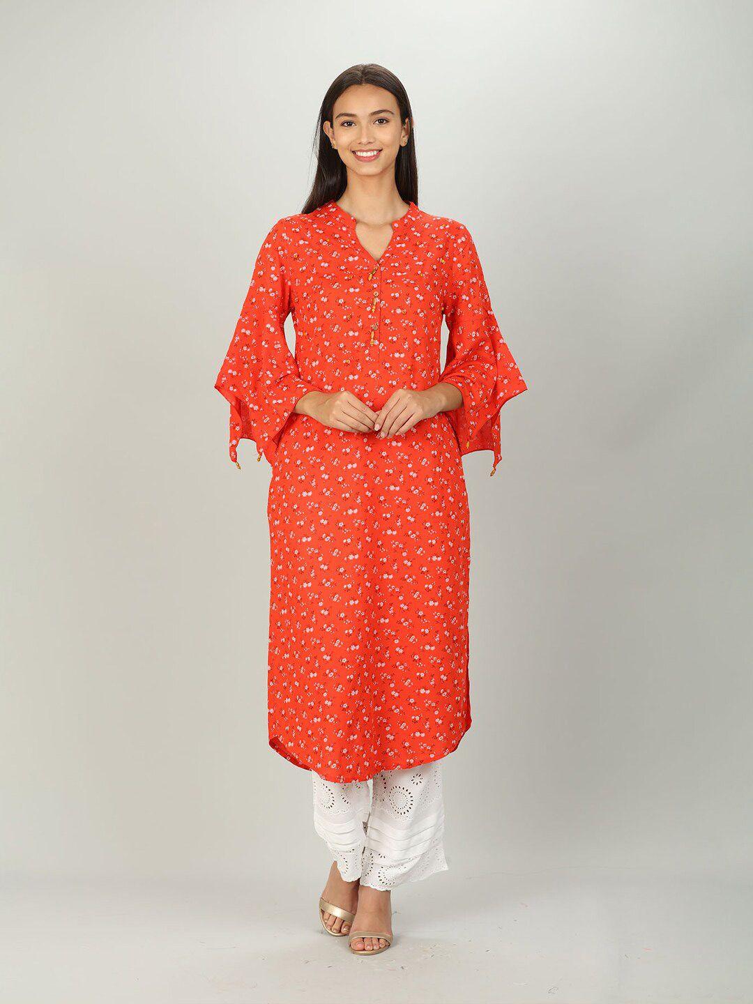 mustard women orange & pink floral printed flared sleeves floral kurta