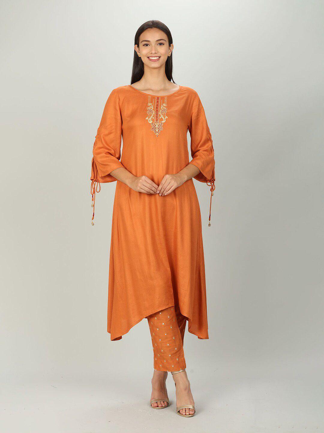 mustard women orange ethnic motifs embroidered kurta