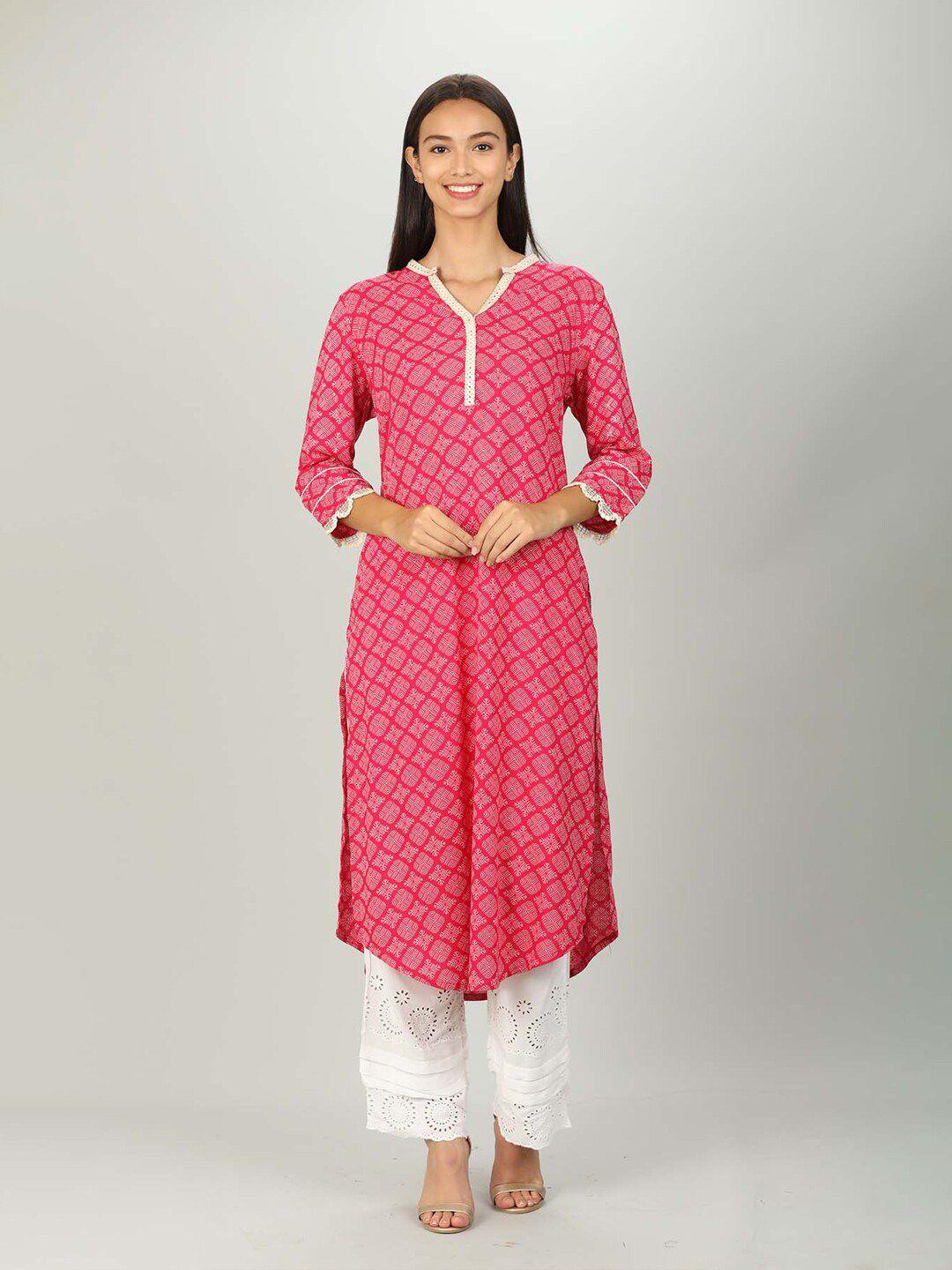 mustard women pink geometric printed kurta