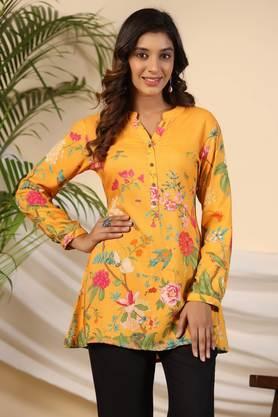 mustard women rayon long cuff sleeves tunic with floral print - mustard